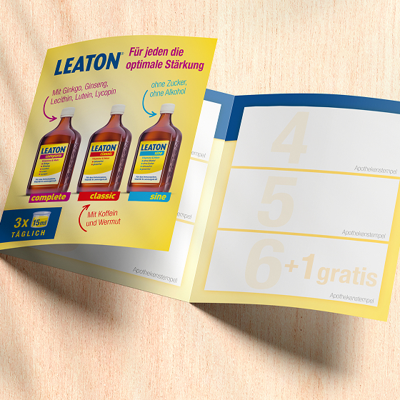Werbeflyer für Leaton-Tonika mit drei Sorten: Complete, Classic und Sine. Angebote: „6+1 gratis“, tägliche Einnahmeempfehlung.