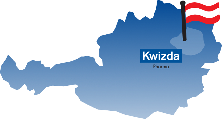 Blau gefärbte Karte von Österreich mit einer österreichischen Flagge, markiertem Bereich und dem Text „Kwizda Pharma“.